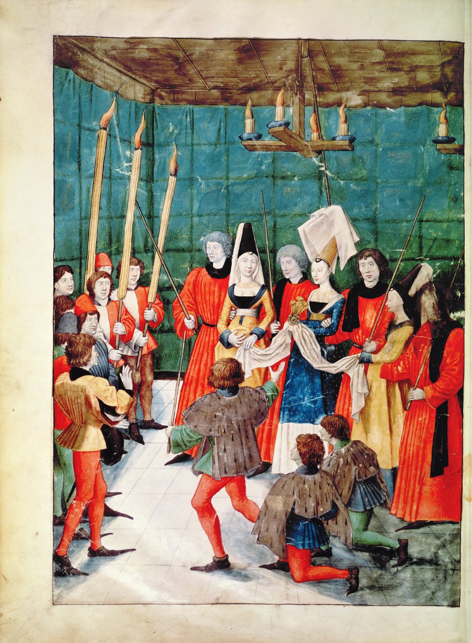 Fr 2692 f.70v Královna předává cenu za rytířský turnaj, z Livre des Tournois de Rene dAnjou, c.1488-89 od French School