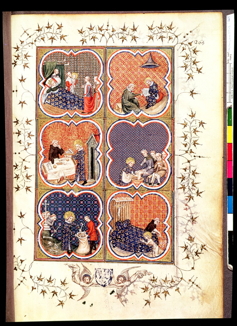 Fr 2813 f.265 Šest scén ze života Saint Louis (1215-70), z Grandes Chroniques de France, 1375-79 od French School