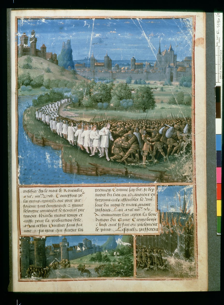 Fr 5594 f.19 První křížová výprava Petra poustevníka, z Passages faits Outremer napsal Sebastien Mamerot, kolem roku 1490 od French School