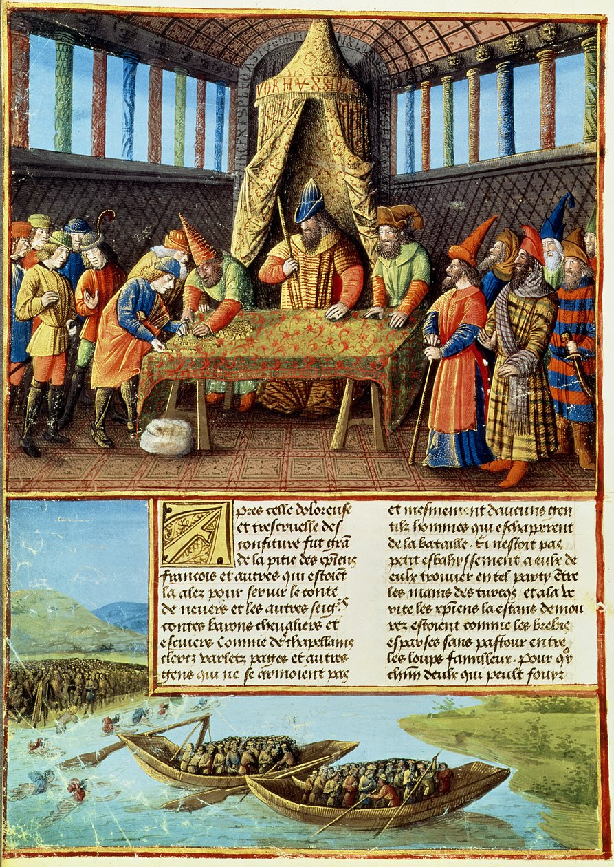 Fr 5594 f.267v Bayezid I přijímající výkupné z Passages faits Outremer napsal Sebastien Mamerot, kolem roku 1490 od French School