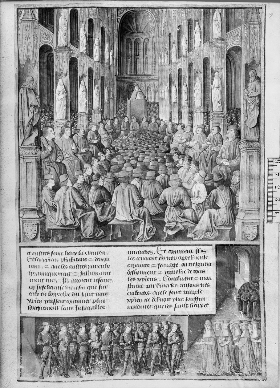 Fr 5594 fol. 19 Jak papež Urban II. (1042-99) kázal znovudobytí chrámu Božího hrobu na koncilu v Clermont-Ferrand, ilustrace z Les Passages dOutre-Mer od Sebastiena Mamerota de So od French School