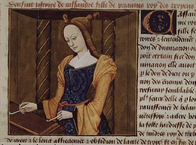 Fr 599 f.29 Cassandra hrající na citeru, z `Des Cleres et Nobles Femmes od French School