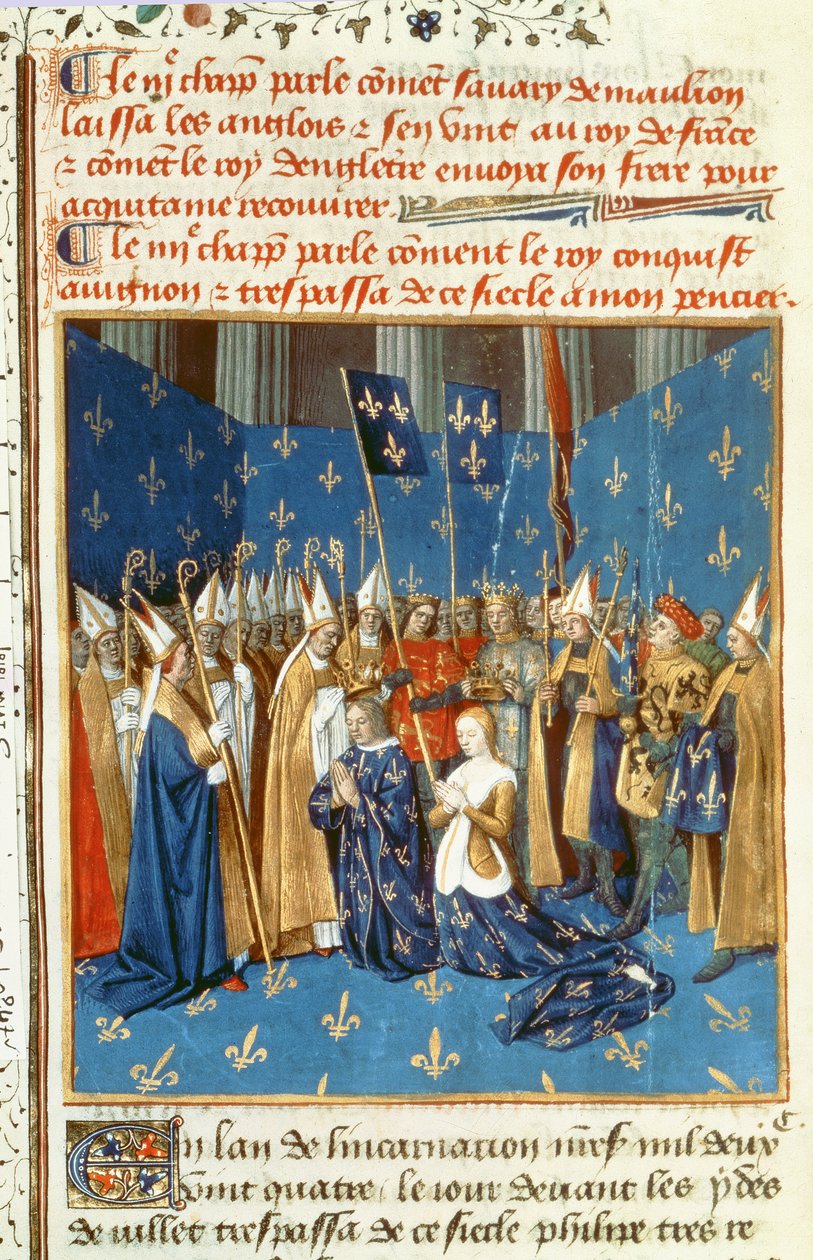 Fr 6465 f.247v Korunovace Ludvíka VIII. (1187-1226) a Blanche de Castile v Remeši za přítomnosti jeruzalémského krále od French School