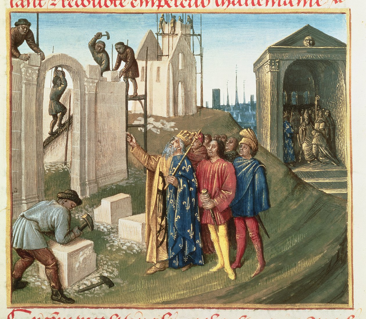 Fr 6465 f.96 Stavba kostela v Aix La Chapelle od Karla Velikého (742-814) od French School