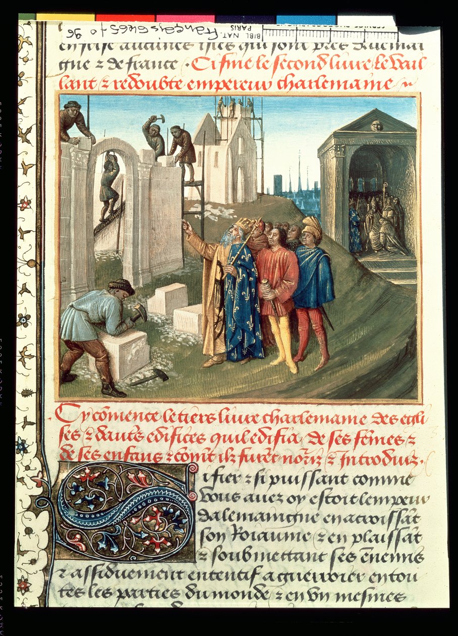 Fr 6465 f.96 Stavba kostela v Aix La Chapelle od Karla Velikého (742-814) od French School