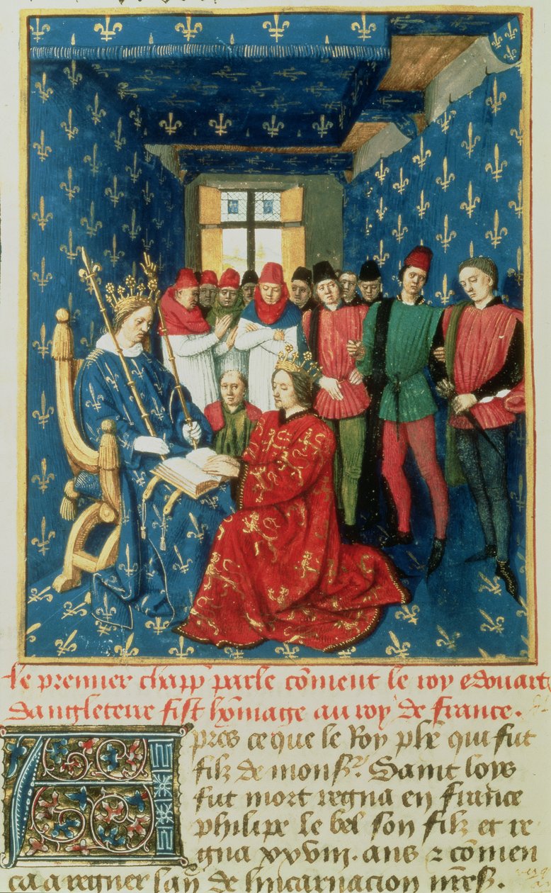 Fr 6465 fol.301v Eduard I. (1239-1307) vzdává hold francouzskému králi Filipovi IV. le Bel (1268-1314) za vévodství Akvitánské od French School