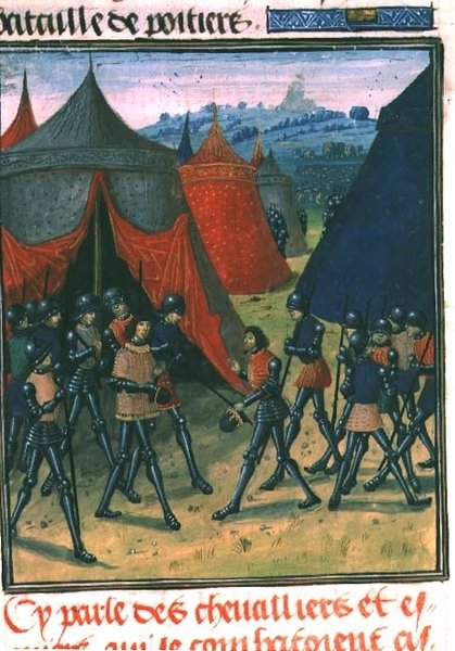 Fr 87 fol.8 Princ z Walesu přijímá francouzského krále (vellum) od French School
