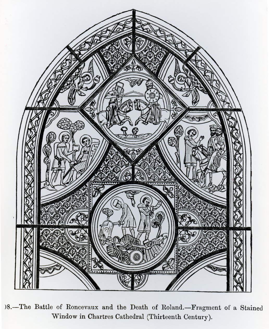 Fragment vitráže v katedrále v Chartres, zobrazující bitvu u Roncevaux a smrt Rolanda, ilustrace z Vědy a literatury ve středověku a renesanci, spisovatel od French School