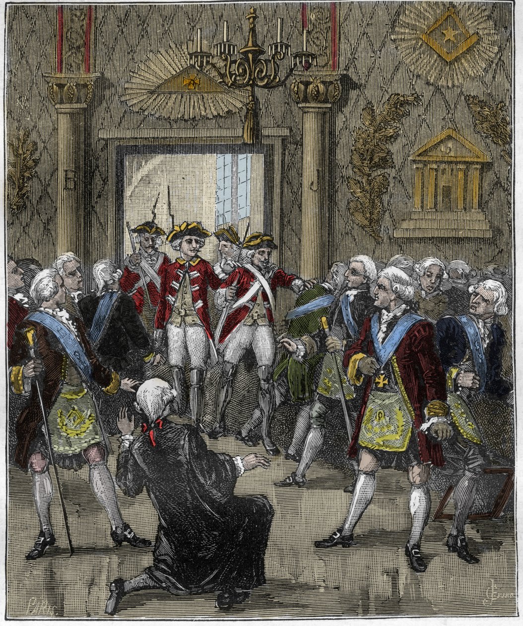 Franc-Maconnerie (Franc Maconnerie) v Hotel de Soisson v Paříži v červnu 1745: Ceremoniál Franco-Macon přerušen příchodem policejního komisaře. Rytina v „“ Paříži v průběhu staletí “, Gourdon de Kenouillac 1880.. od French School