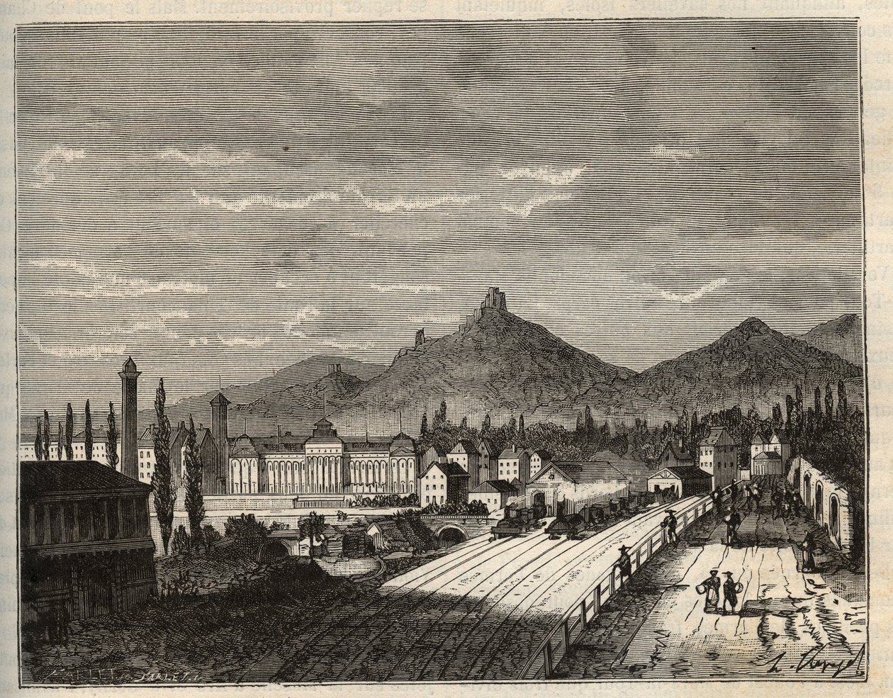 Francie, Alsasko, Bas-Rhin (67), Saverne: Banks of the Zorn, starý Chateau du Haut Barr postavený na skalách – rytina „France illustree: geography, history, statistic administration“ od V.A. Sladově hnědá. 1884 od French School