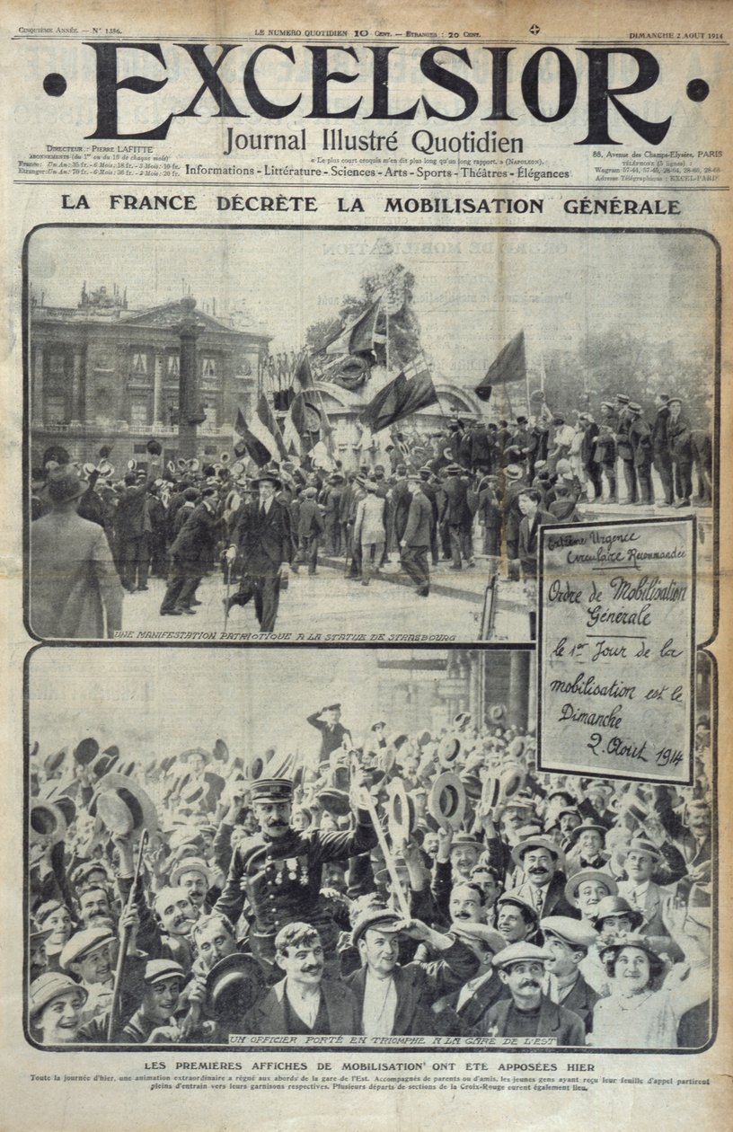 Francie vyhlašuje všeobecnou mobilizaci 2. srpna 1914, obálka Excelsioru v neděli 2. srpna 1914 od French School