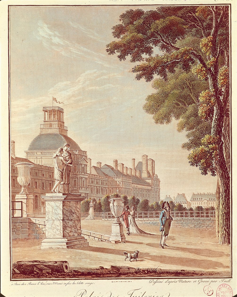 Francie, Paříž, palác Tuileries, rytina od French School