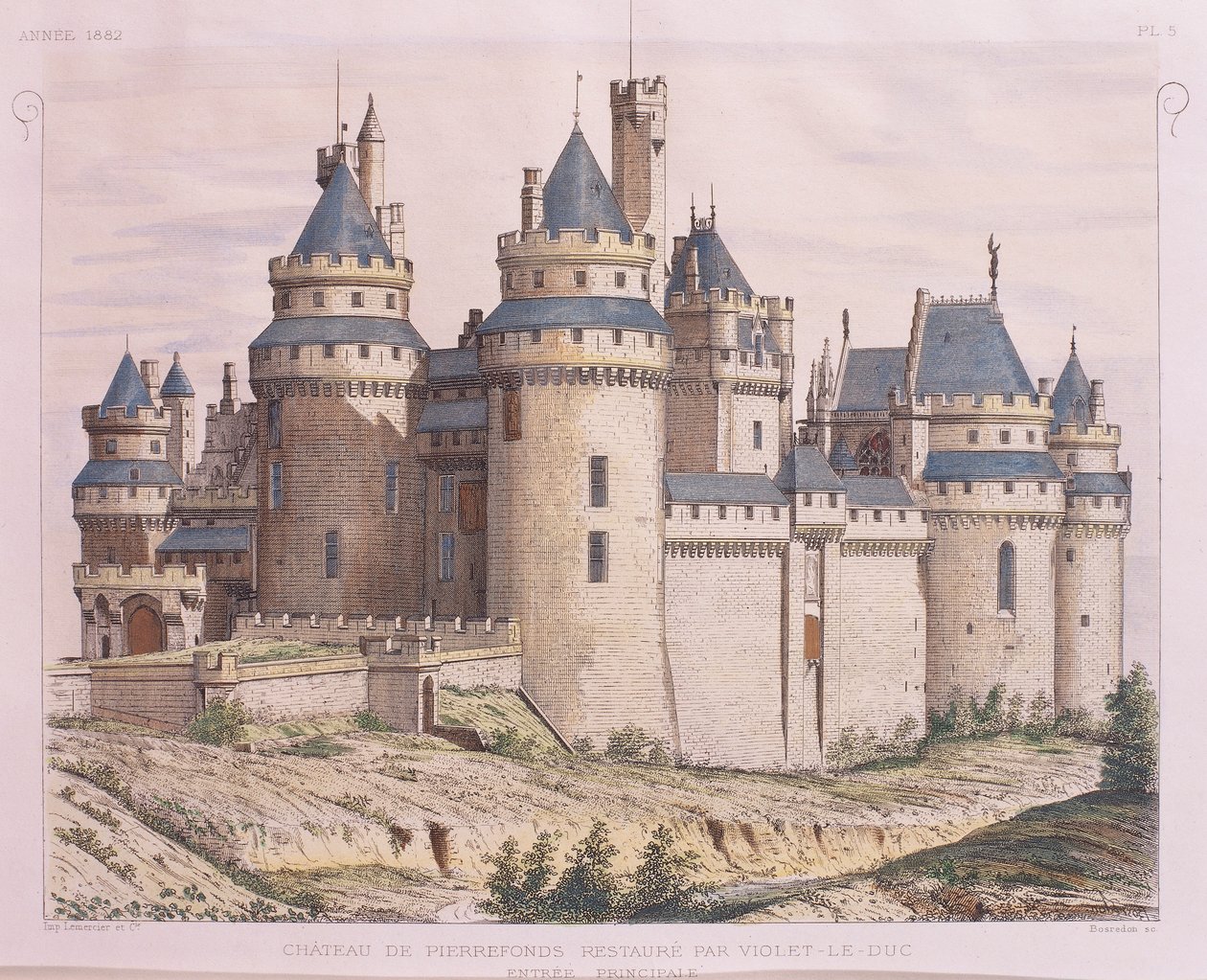 Francie, středověký hrad Pierrefonds, restaurována Violet le Duc z Moniteur des Architectes, rytina od French School