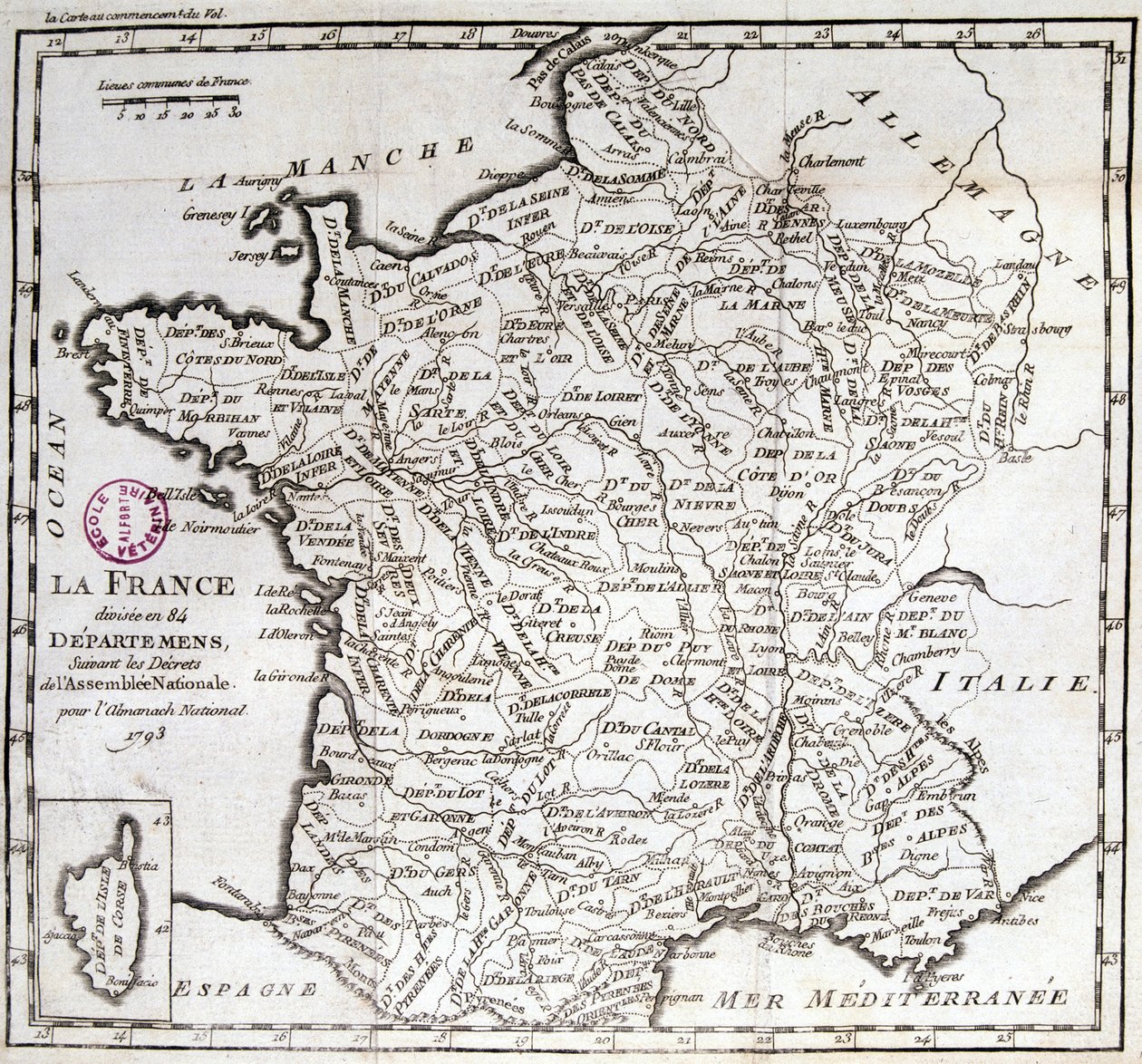 Francie rozdělena do 84 departementů podle dekretů Národního shromáždění z roku 1793 od French School