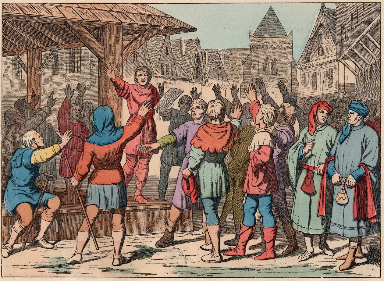 Francie ve středověku: komuny - Komunální charta - Přísaha - Rytina konce 19. století v „“ Nos Gires Nationales – Images et recits““ od French School
