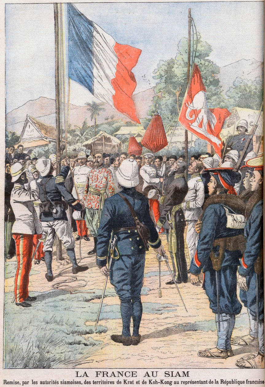 Francie přebírající území Krat a Koh-Kong, Siam po smlouvě z roku 1904 dohodnuté mezi Siamy a Francouzi, ilustrace z „Le Petit Journal“ února 1905 (rytina) od French School