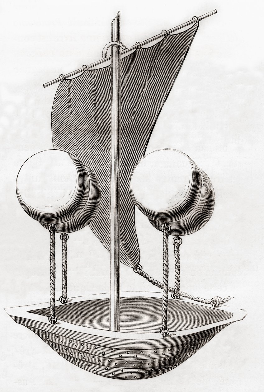 Koncept létajícího člunu Francesca Lana de Terziho kolem roku 1670, z „Les Merveilles de la Science“, zveřejněný kolem roku 1870 (litho) od French School