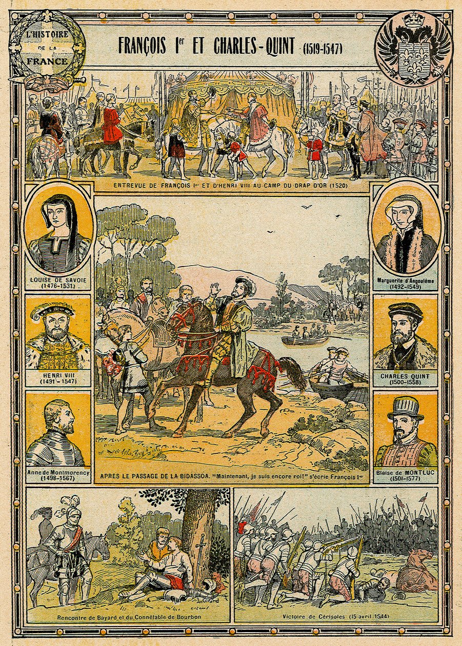 František I. Francouzský a Karel V., císař Svaté říše římské, ilustrace z „Histoire de France“ od French School