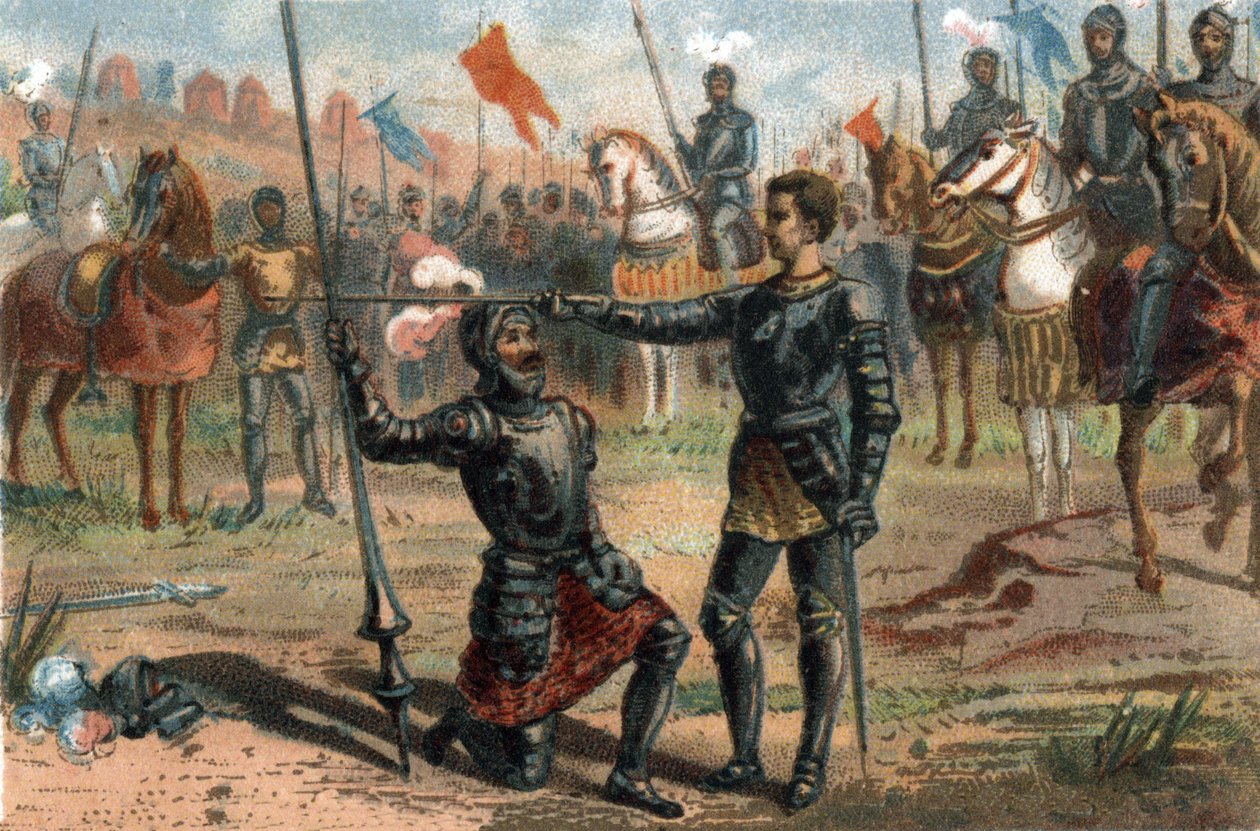 František I. Francouzský žádá o pasování rytíře Bayarda na rytíře po vítězství v bitvě u Marignana v Itálii od French School