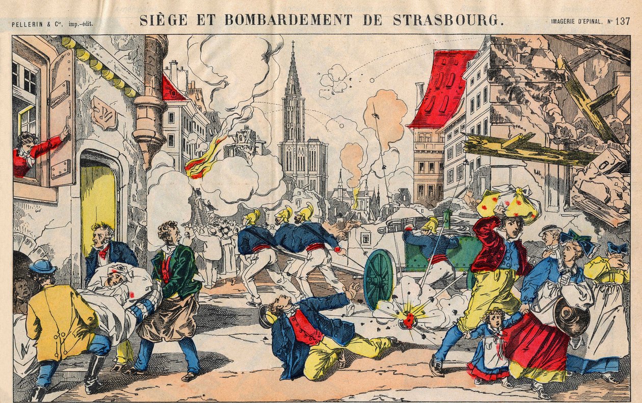 Francouzská pruská válka (1870-1871), 23. srpna 1871 byl Štrasburk bombardován a měl se 28. září vzdát. Epinální zobrazování od French School