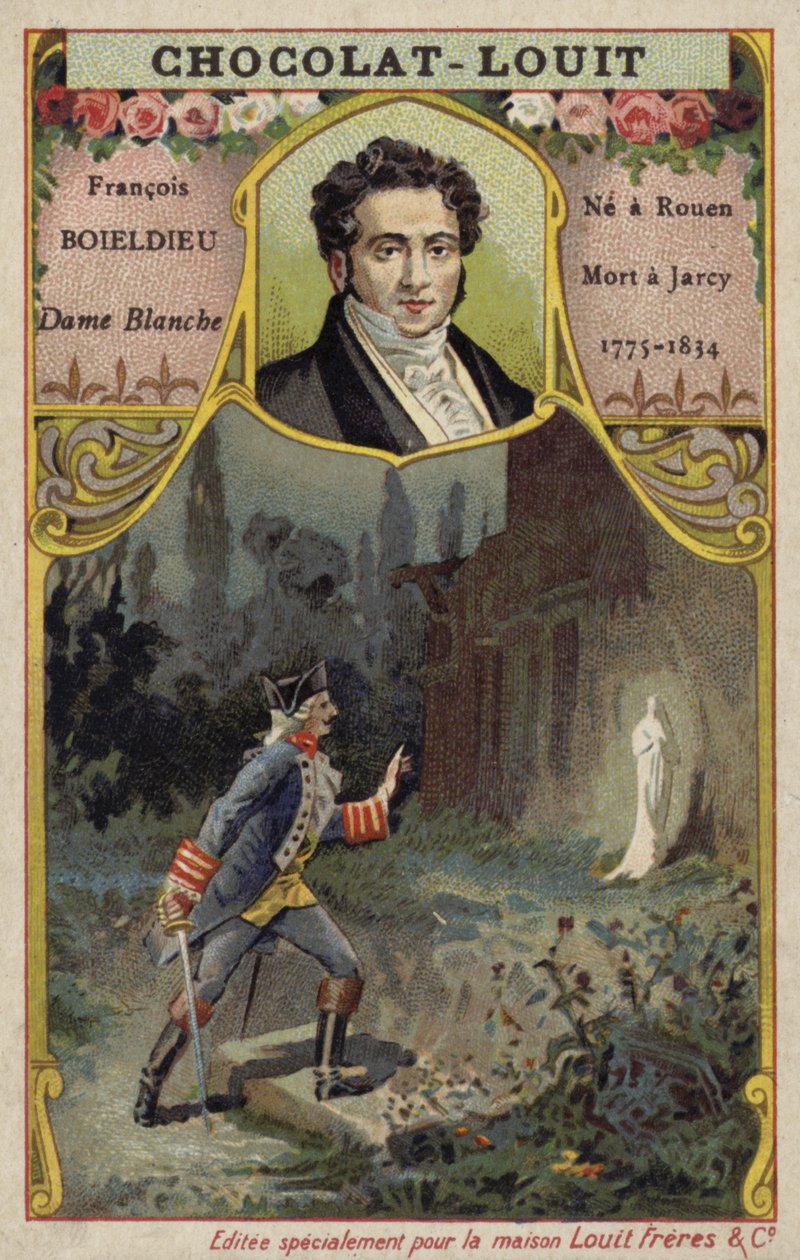 Francois-Adrien Boieldieu, francouzský skladatel, a scéna z jeho opery La Dame Blanche (chromolit) od French School