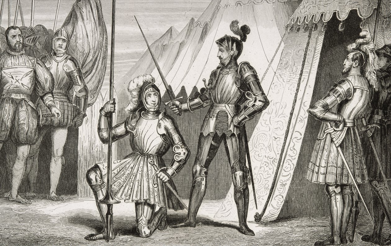 Francois I. (1494-1547) pasován na rytíře kapitánem Bayardem po bitvě u Marignana, z „Histoire de France“ od Colarta, vydáno kolem roku 1840 od French School