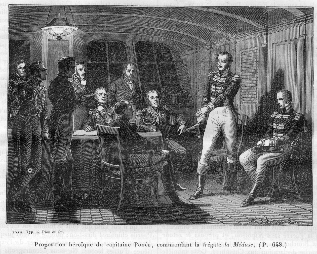 Francois Ponee II (1775-1863), velitel La Meduse, Napoleonic fidele, nabízí císaři, aby bojoval sám Le Bellerophon - v „Dějinách impéria po historii konzulátu““ od Adolphe Thierse -1879 - soukromá sbírka od French School