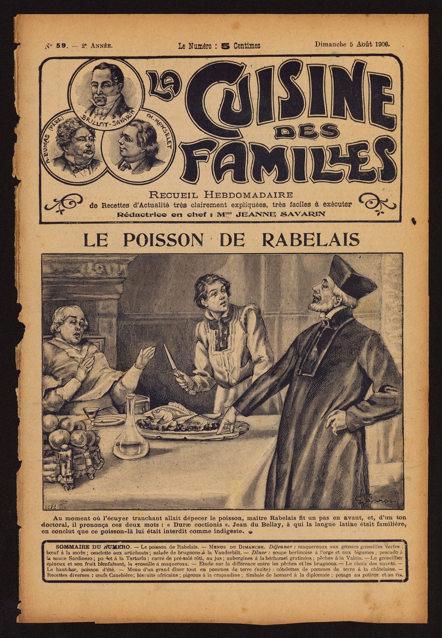 Francois Rabelais varuje kardinála Jeana du Bellay, aby nejedl rybu (rytina) od French School