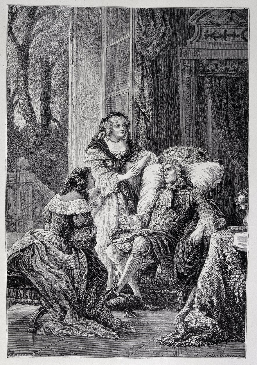 Francois de la Rochefoucauld (1613-1680) mluví s Mademoiselle de Sevigne (Marie de Rabutin-Chantal), Marquise de Sevigne dit Madame de Sevigne (1626-1696) a Marie-Madeleine (Marie Madeleine) Pioche de La Vergne, hraběnky (Paní z F od French School