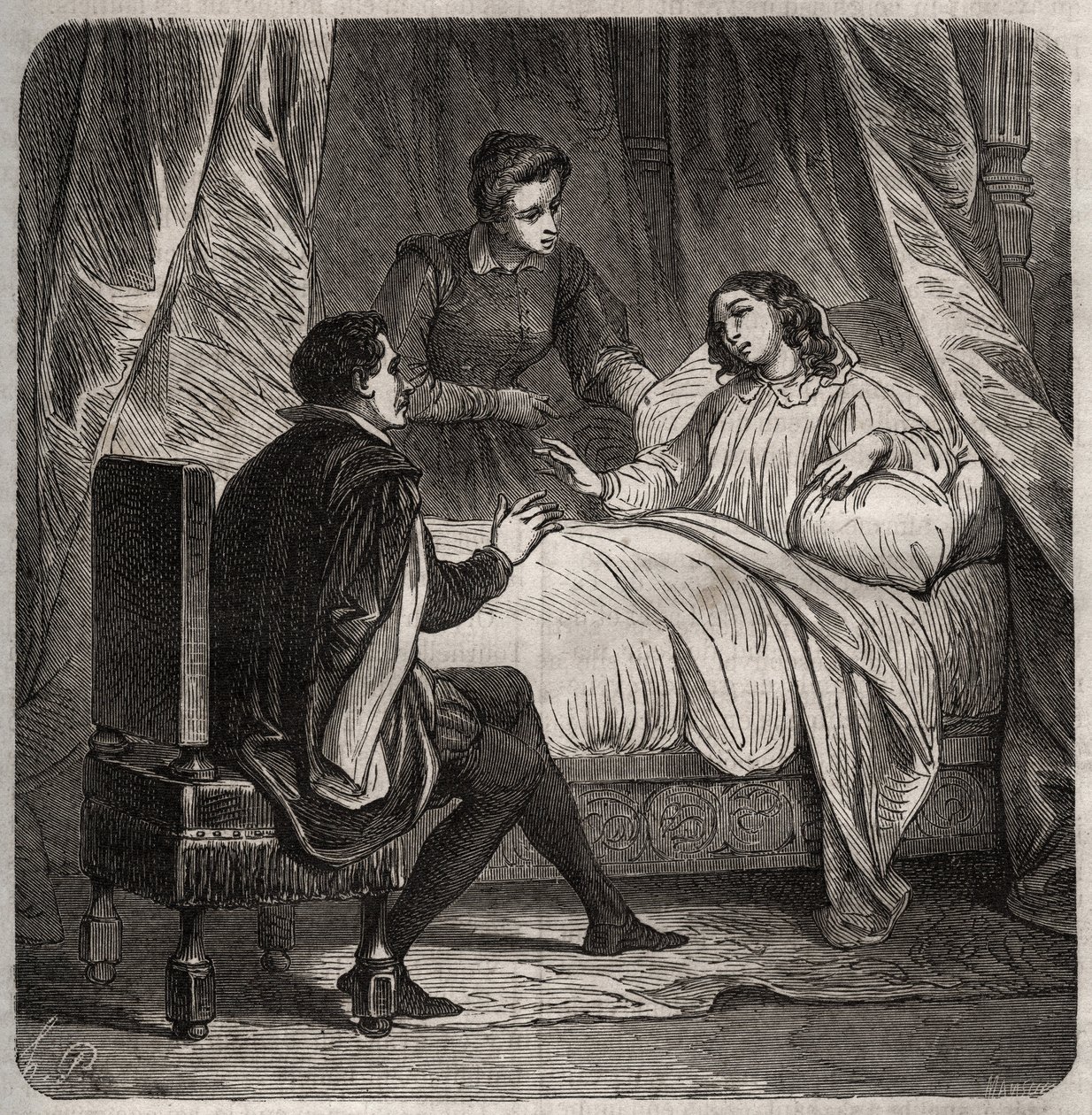 Francoise de Foix, hraběnka z Chateaubriant (asi 1495-1537), nemocná, přijímá Clementa des Marets dit Marot (1496-1544), komorníka Francois 1., na lůžku. Rytina z roku 1871 v „Histoire Des Cocus Celebres““ od Henryho de Kocka (1819-1892). od French School