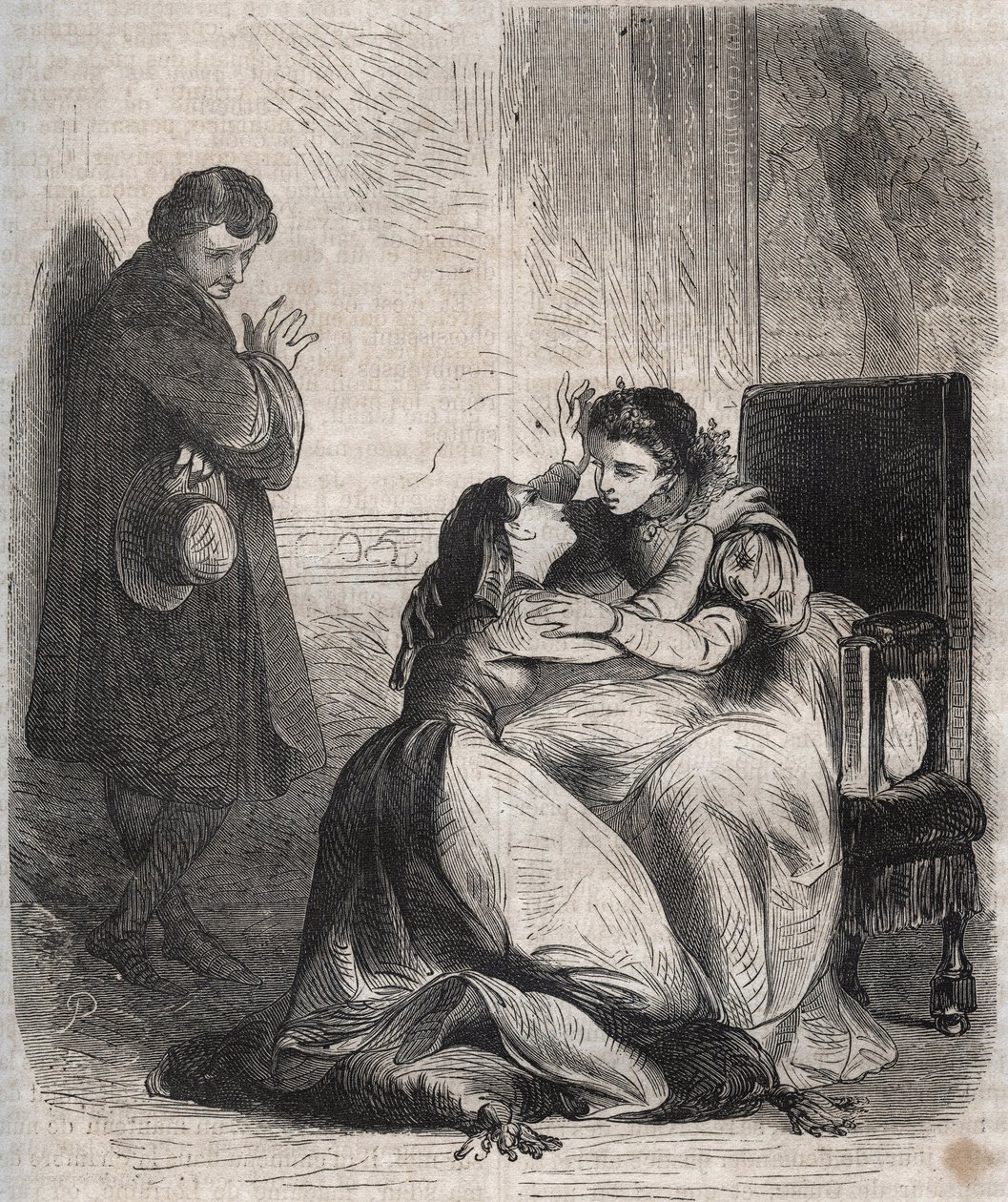 Francoise de Montmorency-Fosseux (Montmorency Fosseux) (1566-1641) žádá o odpuštění královnu Marguerite de Valois (1553-1615), známou jako královna Margot. Je milenkou krále Jindřicha IV. (1553-1610) a s obavami rodí jejich dítě. od French School