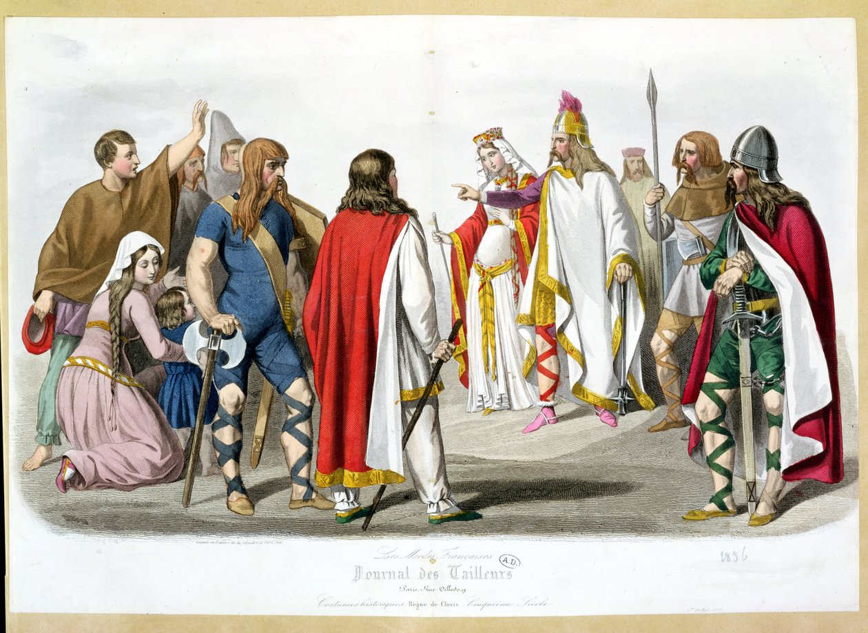 Francké a merovejské kostýmy, historická módní deska z Les Modes Francaises - Journal des Tailleurs, 1836 od French School