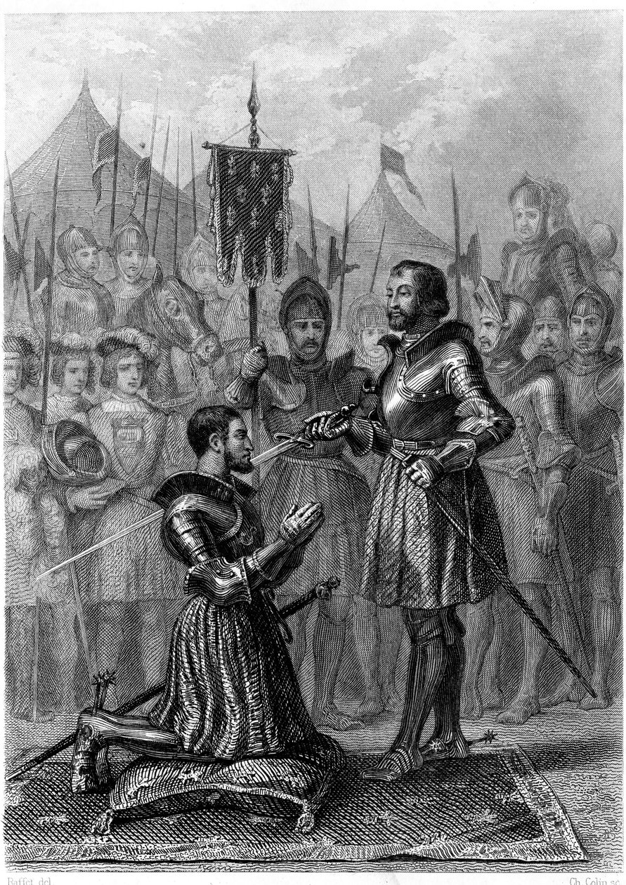 François 1., ozbrojený rytíř po bitvě u Marignanu (1515). 19. století (rytina) od French School