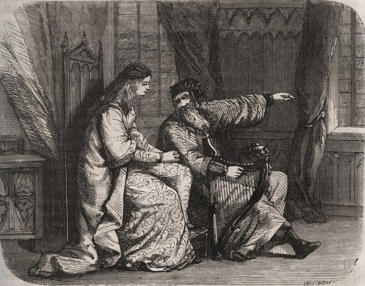 Fredegonde (545-597) se svěřuje se svými obavami harfistovi Barbantinimu, protože jeho milenec Chilperic (tehdejší král franků Chilperic I (543-597) si ho nevzal. 565. Rytina z roku 1871 v „Histoire Des Cocuses Celebres““ Henry de Kock (1819-1892 od French School