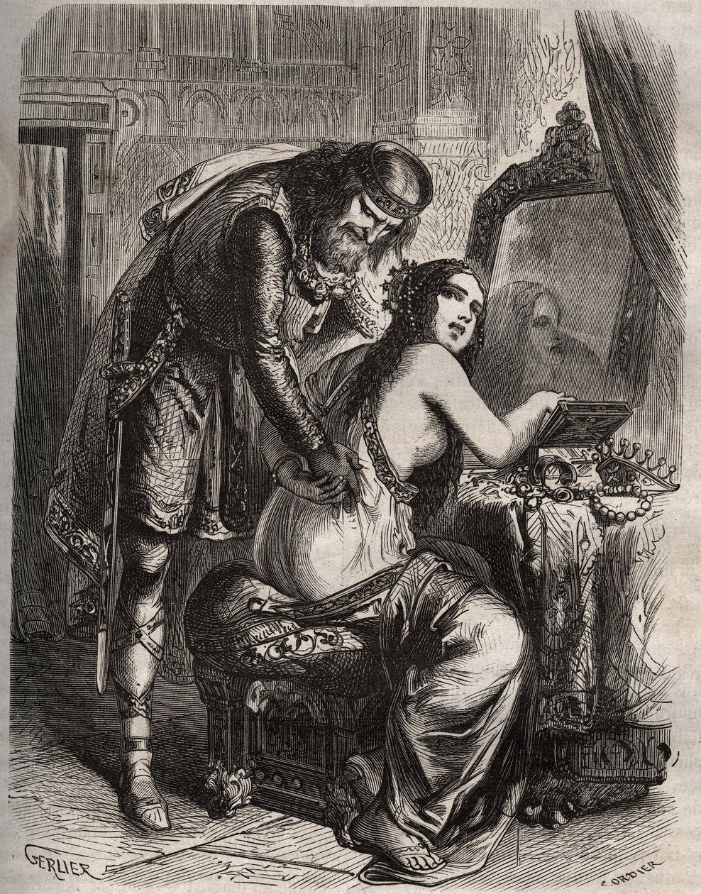Fredegonde (545-597) vezme svého manžela, krále franků Chilperica I. (543-597), za svého milence Landerica. Král zjistí, že ho jeho žena podvádí. Rytina z roku 1871 v „Histoire Des Cocuses Celebres““ od Henryho de Kocka (1819-1892). od French School
