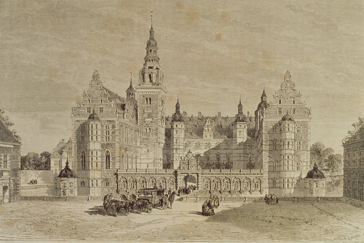 Zámek Frederiksborg, Hillerod, Dánsko, 50. léta 19. století, z `Le Tour du Monde, vydáno Paříž, 60. léta 19. století od French School