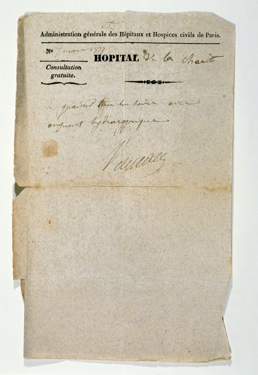 Bezplatný předpis z Hopital de la Charite, Paříž, 7. března 1837 od French School