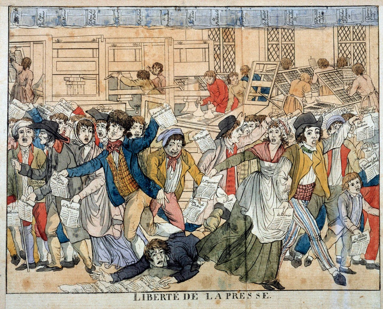 Svoboda tisku za Francouzské revoluce: Článek 10 Deklarace lidských práv (26/08/1789). Článek 10, který stanoví svobodu názoru, vede k anarchistickému zrodu tisku všeho druhu. Rytina z 18. století od French School