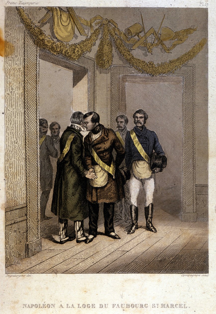 Freemaking: Napoleon Joseph Charles Paul Bonaparte, přezdívaný princ Jerome nebo Plonplon, který byl identifikován u vchodu do chrámu Faubourg Saint Marcel. Rytina z „“ Malebné historie svobodného zednářství a starověkých tajných společností od French School