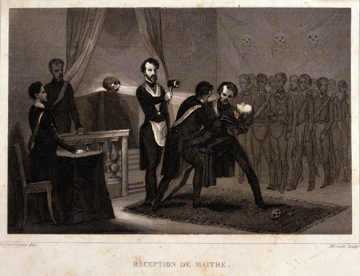Freemaking: přijímací a iniciační obřad mistra. Rytina z knihy "Picturesque Histoire de la Franc Maconnerie et des Societes Secretes antique et modernes" od F.-T. B. Clavel. Pagnerre, editor. 1843. od French School