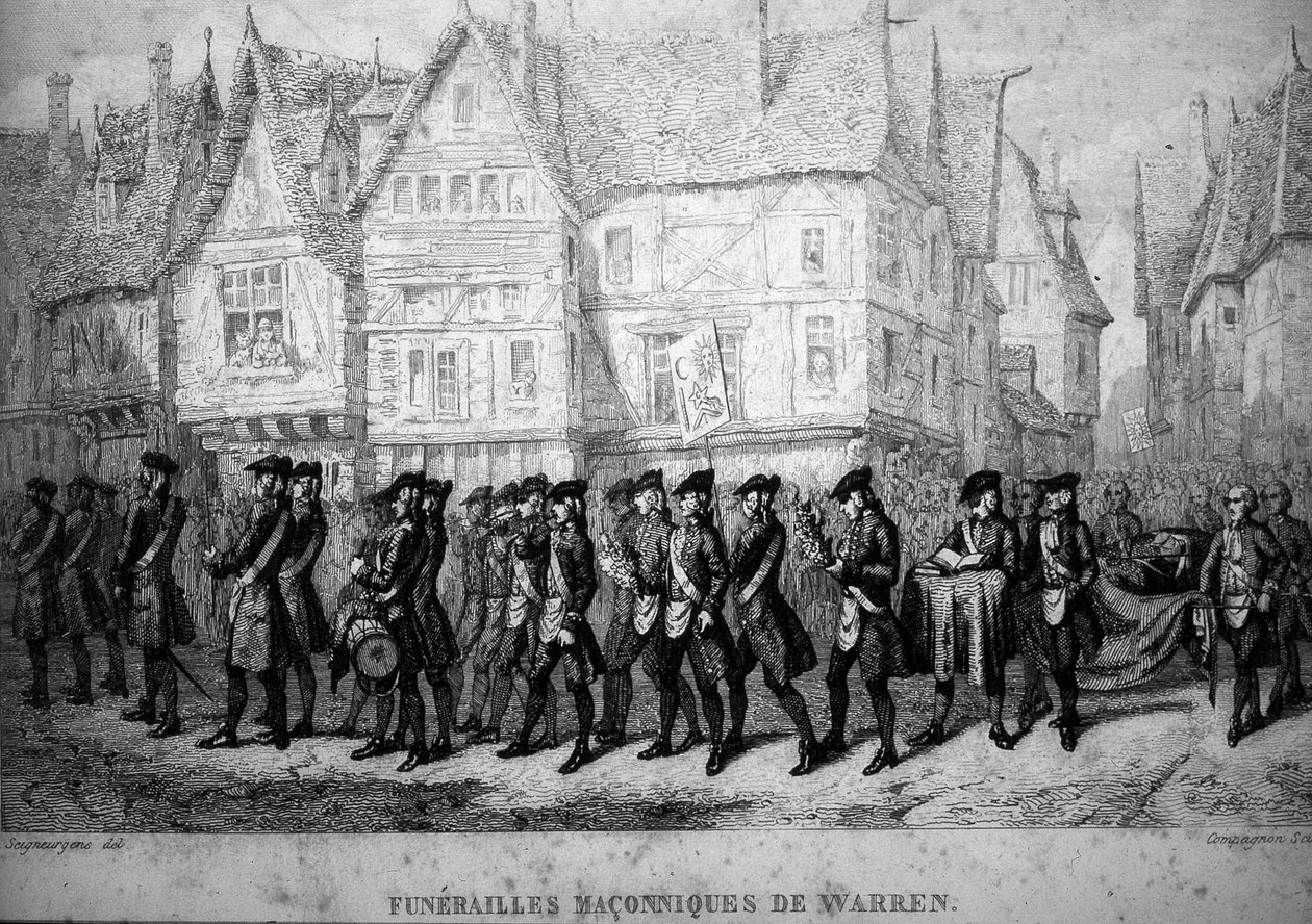Svobodné zednářství: zednářský pohřeb Warrena Hastingse (1732-1818), britského koloniálního správce. Rytina z „“ Malebné historie Francie Maconnerie et des Societes Secretes antique et modernes“ od F.-T. B. Clavel. Pagnerre, redaktor. 1843. od French School
