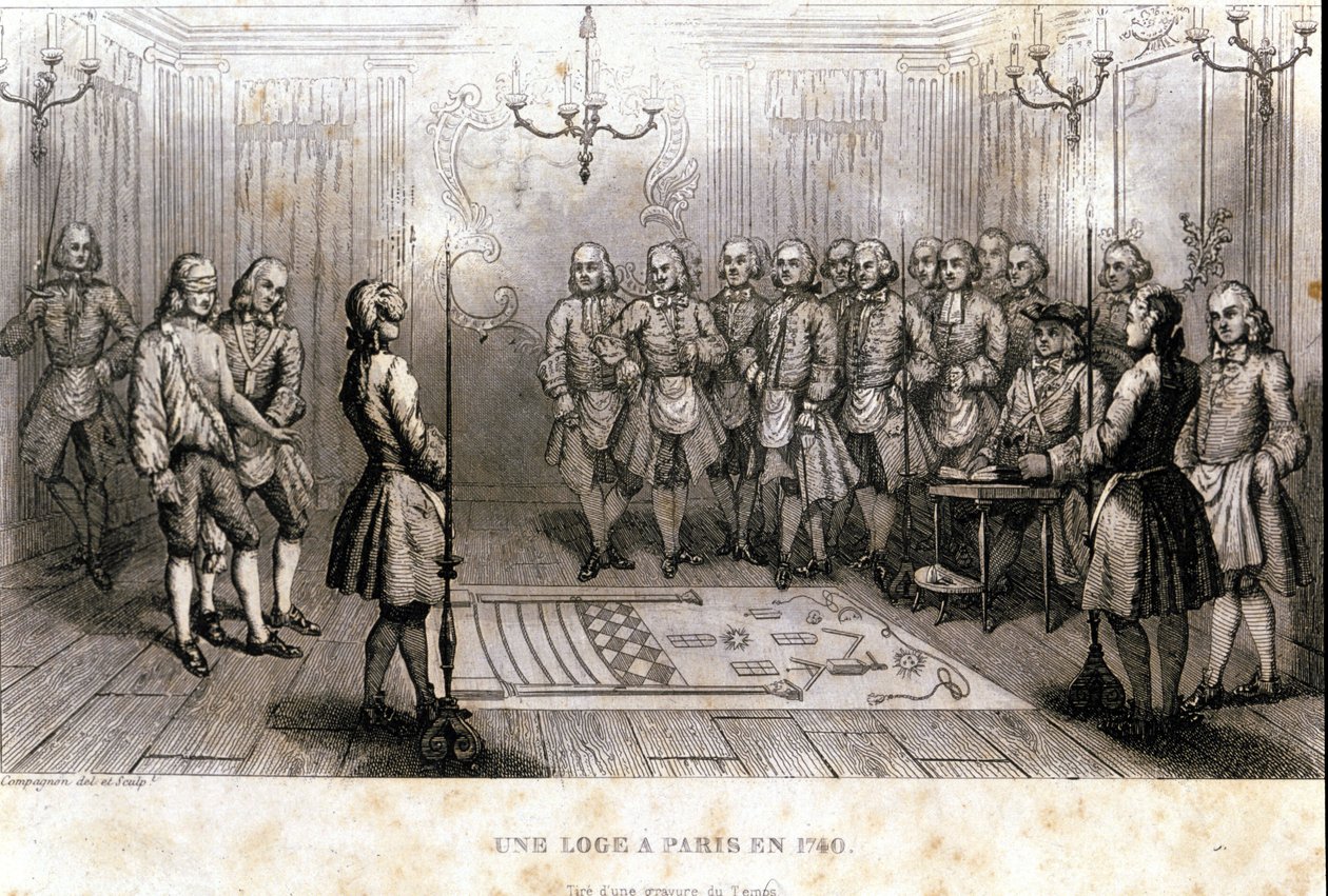 Svobodné zednářství: tajná schůzka v lóži v Paříži v roce 1740. Rytina z „“Malebné historie svobodného zednářství a starověkých a moderních tajných společností“ od F.-T. B. Clavel. Pagnere, redaktor. 1843. od French School
