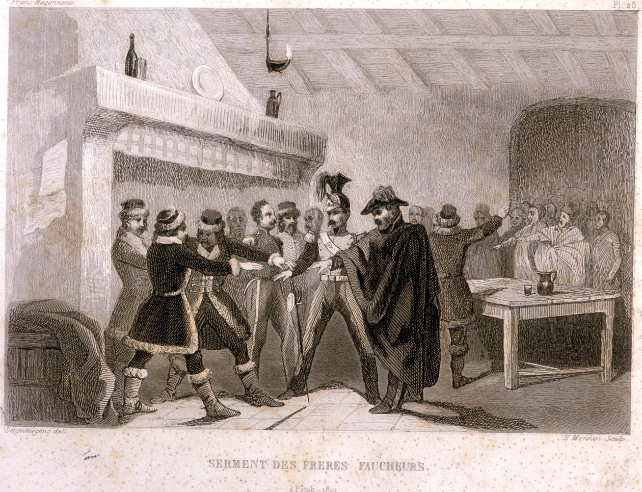 Svobodné zednářství: přísaha bratří ženců v Potoku v roce 1821. Rytina z „“ Malebné historie Franc Maconnerie et des Societes Secretes antique et moderne“ od F.-T. B. Clavel. Pagnere, redaktor. 1843. od French School