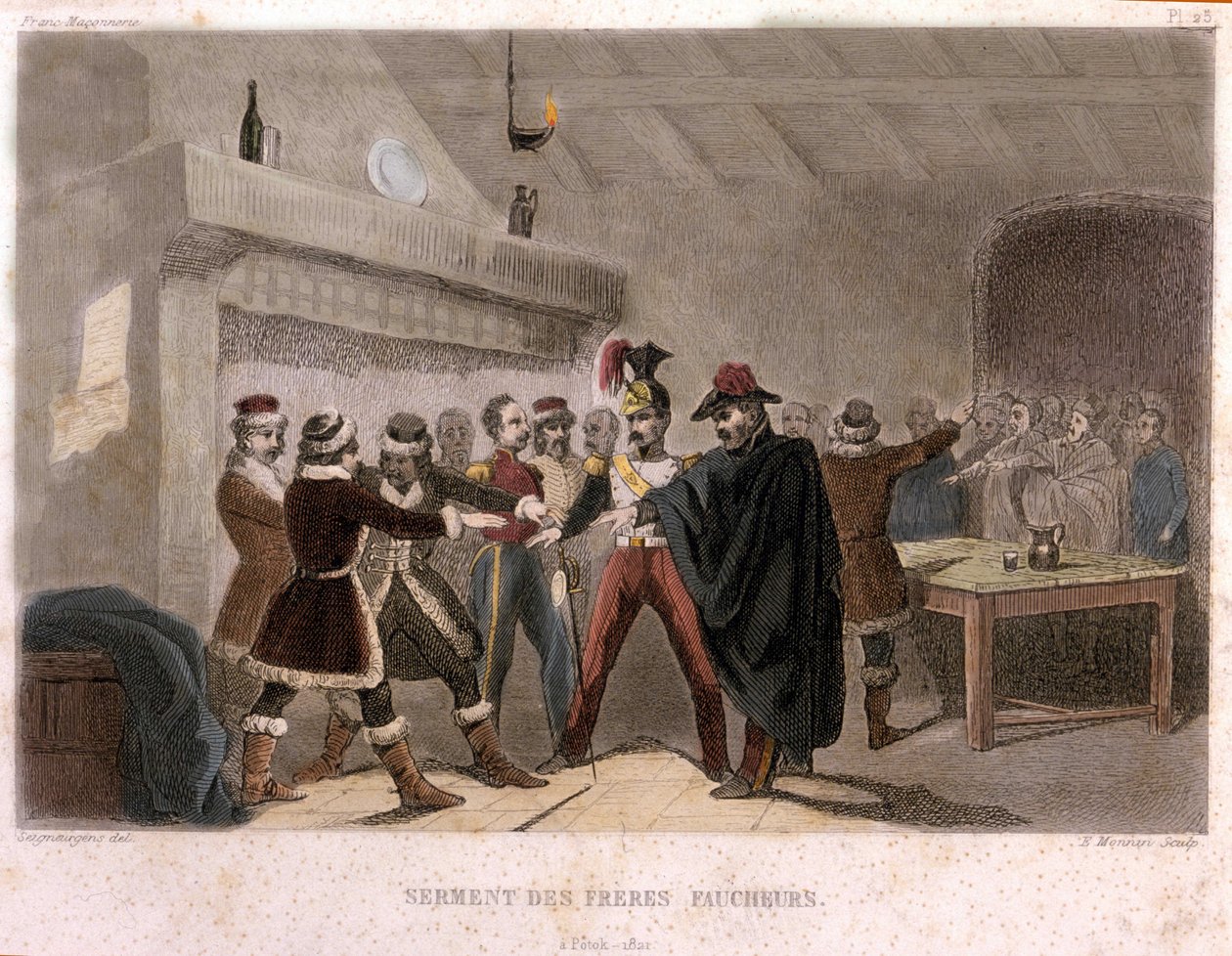 Svobodné zednářství: přísaha bratří ženců v Potoku v roce 1821. Rytina z „“ Malebné historie Franc Maconnerie et des Societes Secretes antique et moderne“ od F.-T. B. Clavel. Pagnere, redaktor. 1843. od French School