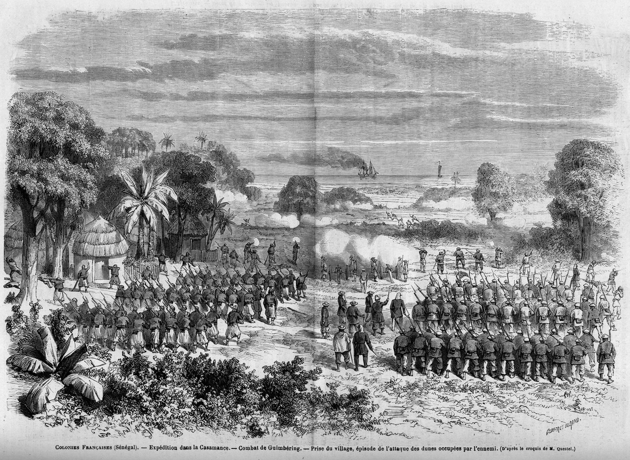 Francouzské kolonie (Senegal) 1865: Expedice v Casamance. Bitva o Guimbering, obsazení vesnice, epizoda útoku na duny obsazené nepřítelem. od French School