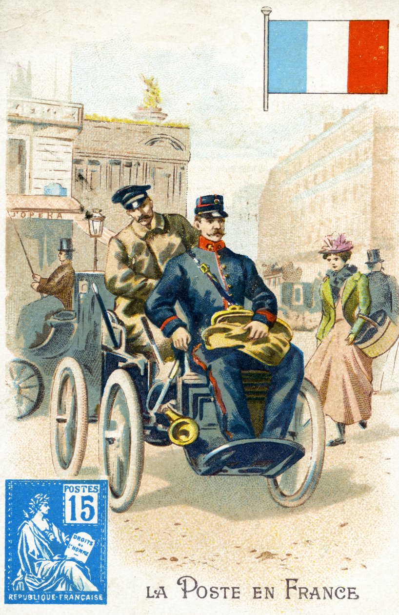 Francouzský pošťák v elektricky poháněném vozidle, konec 19. století od French School