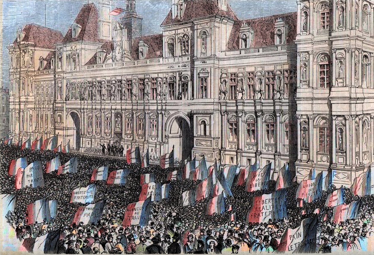 Francouzská prozatímní vláda 1848 – Prozatímní vláda 1848 – Volby v dubnu 1848 – Demonstrace dělníků v Hotel de Ville v Paříži (17. března od French School