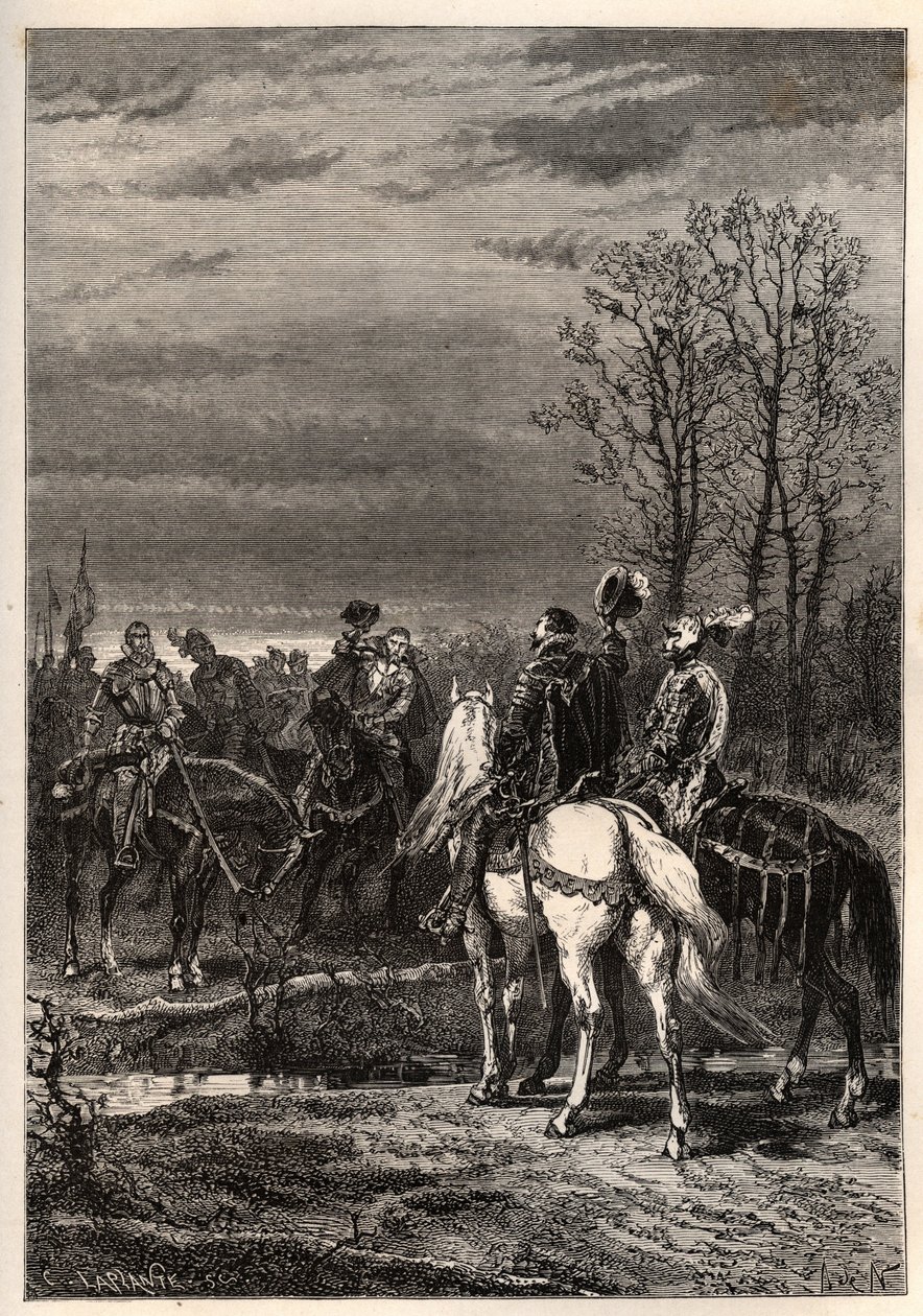 Francouzské náboženské války – říjen 1569 Náboženská válka – Rozhovory předcházející bitvě u Moncontour (Henri, vévoda z Anjou budoucí Jindřich III. a Gaspard II. z Coligny – Bitva o Moncontour (říjen 1569) – rytina z „“ Historie Francie vyprávěla na od French School