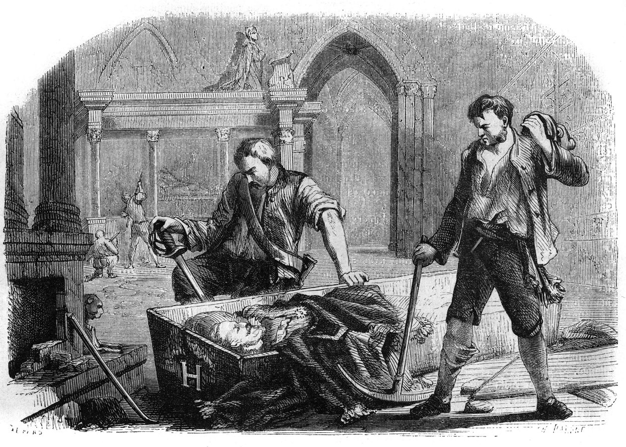 Francouzská revoluce (konvence): otevření rakve krále Jindřicha IV. (1553-1610) při znesvěcení královských hrobek kostela Saint Denis v roce 1793. Rytina z roku 1860. od French School