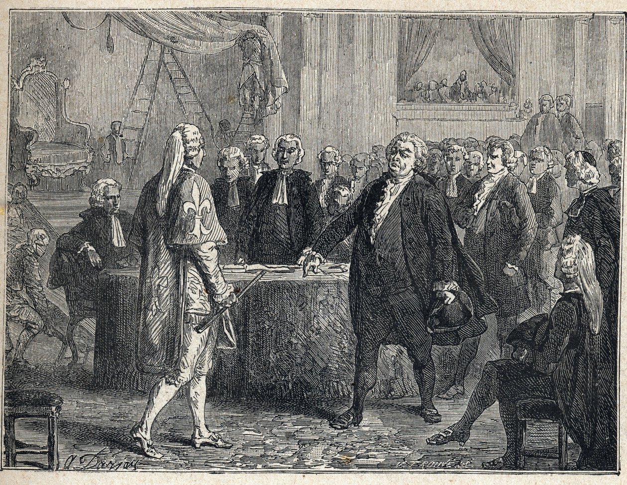 Francouzská revoluce - Valné shromáždění dne 23.06.1789: Honore Gabriel (Honore-Gabriel) Riqueti, hrabě z Mirabeau (1749-1791) oslovuje Henriho Evrarda (Henri-Evrard), markýze z Dreux Breze (Dreux-Breze) (1762- 1829). Rytina z roku 1889. Soukromá sbírka. od French School